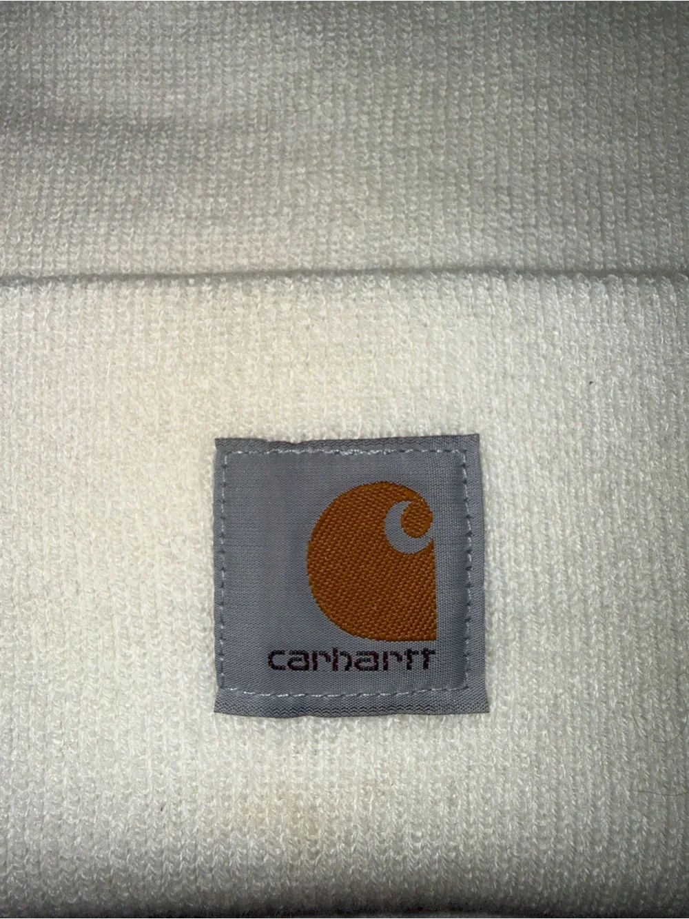 Carhartt Knit Beanie in Cream with Orange Logo Patch
